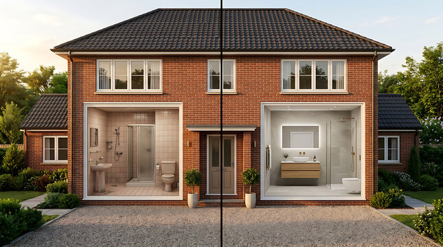 Modern duplex house exterior showcasing dual interior designs with distinct bathroom styles and lush greenery surrounding the