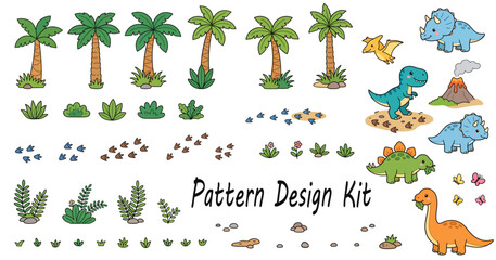 Cute Dinosaur Pattern Design Kit with Cartoon Dinosaurs, Palm Trees, Volcano, and Foliage Elements for Kids Illustrations © VectorEngraveHalfton