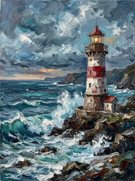 Lighthouse standing on rocky cliff during storm with crashing wave. Oil painting of seascape. Maritime navigation concept with beacon light in dark sky. Artistic stormy ocean scenery.