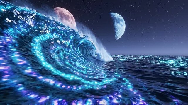 Glowing ocean wave rolls beneath twin moons, casting shimmering blue and purple reflections across dark water, surreal night seascape with sparkling foam, starry sky, vivid contrast
