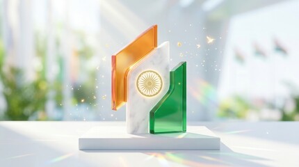India flag modern glass sculpture standing on a white podium with ashoka chakra emblem, commemorating august 15 independence day celebration, representing patriotic pride of country.