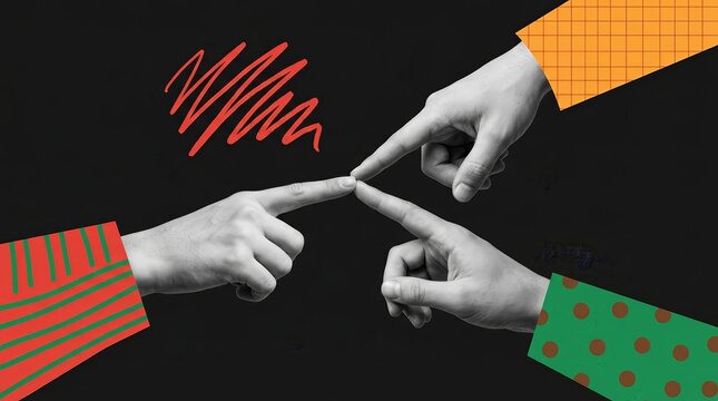 Three different hands reach out to touch fingers in a composite sketch artwork collage.