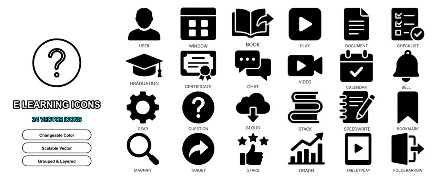 elearning interface flat icon set vector education online solid glyph isolated school student web ui sign element