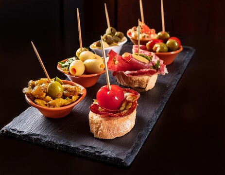 pinchos and tapas typical of the basque country spain selection of different types of foods to choose from