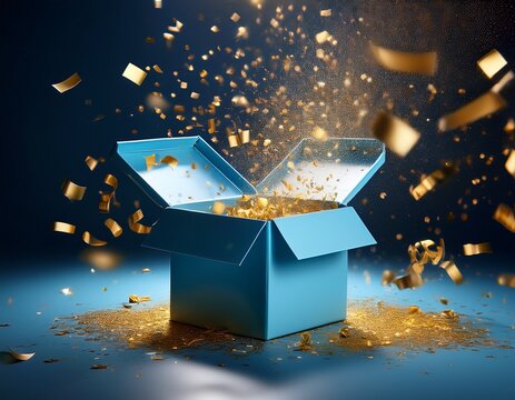 open blue gift box with light and gold confetti spilling out confetti celebration