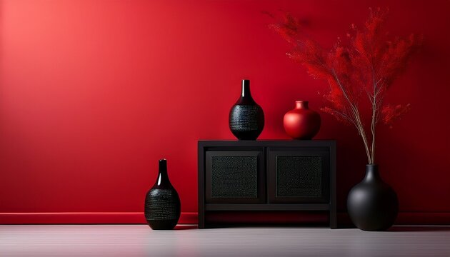 a red room with a black vase and a red vase