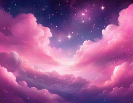 mystical pink clouds swirling with twinkling stars in a dreamy sky ethereal background