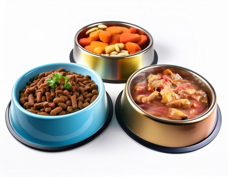 balanced nutrient rich wet and dry pet food options for health displayed on an isolated white background