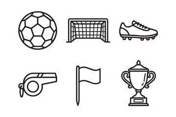Minimalist football and soccer sports line icon set featuring soccer ball, goal net, football boot, referee whistle, corner flag, and champion trophy. © ASHRAF