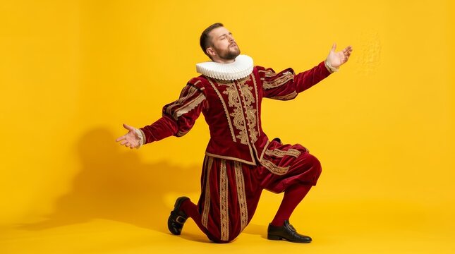 Male actor dressed as a nobleman in red costume posing on a yellow background