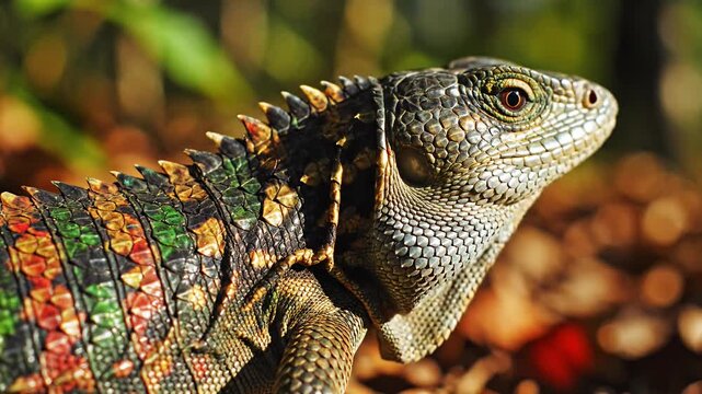 Close-up of colorful lizard head and scales.