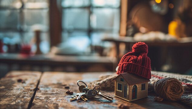 Mini house with key and red knit hat on rustic table, symbolizing house buying, mortgage, and new home investment.