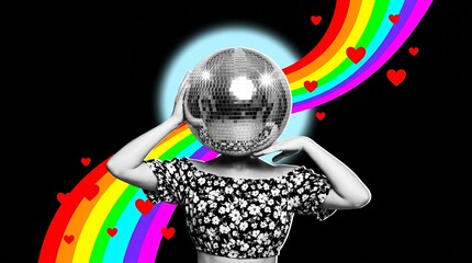 Trend artwork collage featuring an incognito headless person holding a disco ball with a rainbow and hearts. © Stock Spectrum
