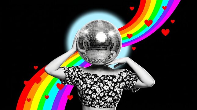 Trend artwork collage featuring an incognito headless person holding a disco ball with a rainbow and hearts.
