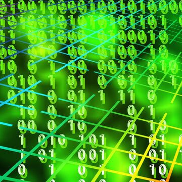 Abstract green digital background with binary code and grid data flowing internet connection concept modern technology art for presentations websites or sci fi designs bright vibrant.