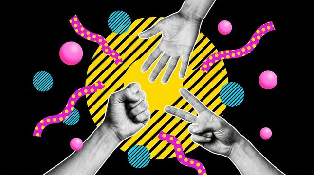 Composite photo collage of friends playing rock paper scissors game gesture.