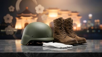 Military helmet, brown leather combat boot, white glove on stone surface, celebrating armed forces day in taiwan, honoring national soldier, patriotic remembrance tribute background.