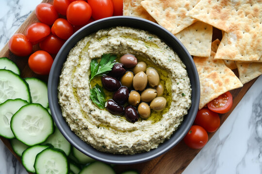 Flat lay of a Mediterranean eggplant dip (baba ganoush) served with pita chips, surrounded by sliced cucumbers, cherry tomatoes, and marinated olives