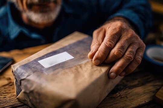 Old Mans Hand Sealing a Package