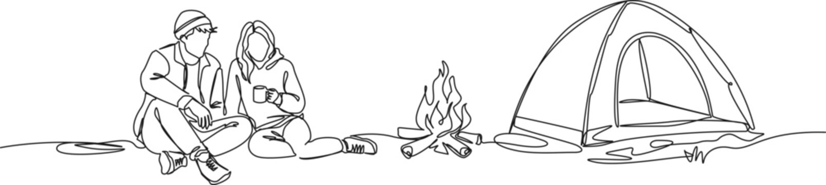 continuous one line drawing of young couple sitting by campfire near tent. Romantic outdoor camping adventure concept, line art vector illustration
