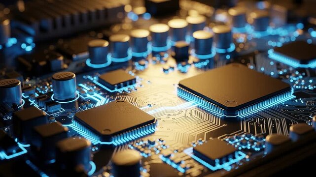 Closeup of a hightech computer motherboard with glowing blue circuits