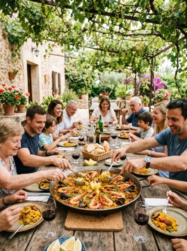 Group of multi-generational family and friends eating paella at outdoor table. People having dinner together in summer garden. Authentic celebration with traditional Mediterranean food.
