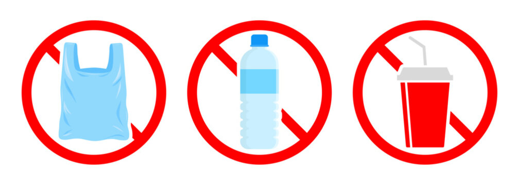 No plastic bag, bottle and disposable glass prohibited sign set, Say no to plastic waste restriction warning symbols with red forbidden mark vector illustration.