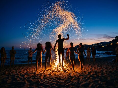Group of woman and man jumping over bonfire at night beach. Friends dancing around campfire during summer party. Celebration with spark and flame at seaside gathering. Fun holiday.