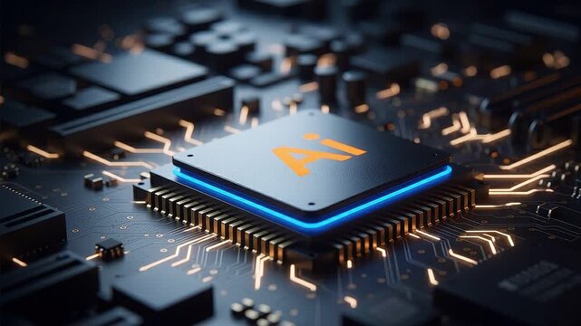 Ai processor chip on a motherboard with glowing orange and blue lights