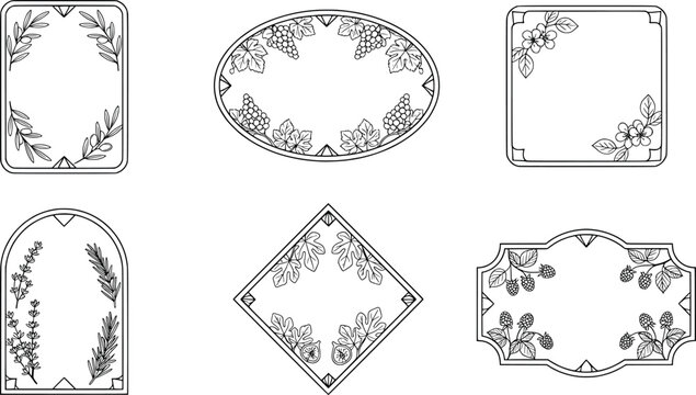 Set of vintage decorative frames with botanical elements, handdrawn floral borders, elegant labels and frames for invitations and labels transparent background