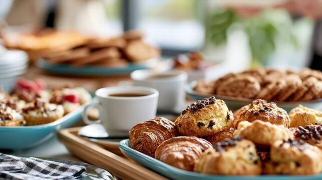 Tasty pastries cookies and coffee cups arranged on a bright catering buffet at a business event close up composition with clean background catering pastry coffee break