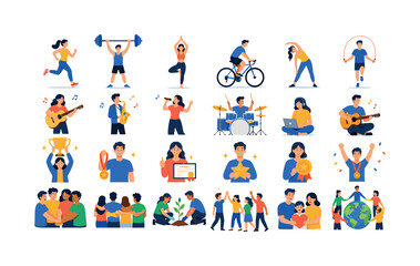 Fototapeta premium Colorful people and activity icons with fitness, music, awards, and community scenes, people icons, activity, fitness, music,