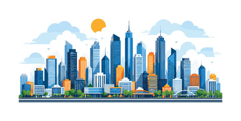 Obraz premium Modern skyline with skyscrapers, clouds, sun, and clean architectural city view, skyline, skyscrapers, city, sun, clouds,