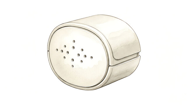 Small white circular electronic device with perforated speaker grille on a clean white background
