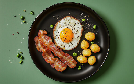 Fried egg bacon soft boiled egg gnocchi breakfast protein high cholesterol yellow white black plate green background