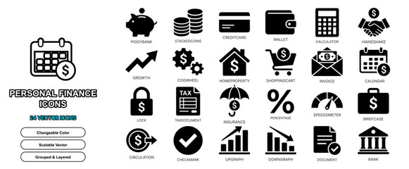 Fototapeta premium personal finance flat icon set vector money budget solid glyph isolated wallet save web ui sign element