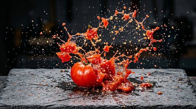 Red tomato smashing on black stone surface with fruit juice and seed spray flying in air. High speed motion capture of exploding vegetable. Culinary concept for healthy food advertising.