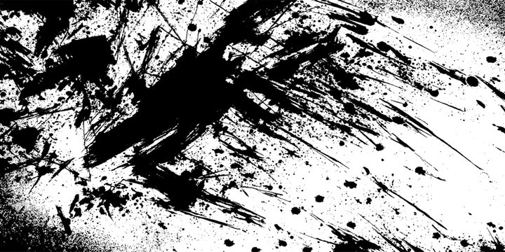 Dynamic black ink splatters and brush strokes create an abstract and energetic composition, evoking a sense of chaos and artistic expression on a stark white background.