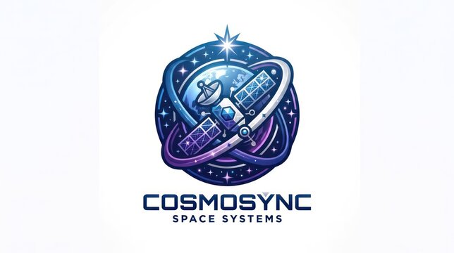Cosmosync Space Systems Logo Design Featuring Satellite and Orbit.