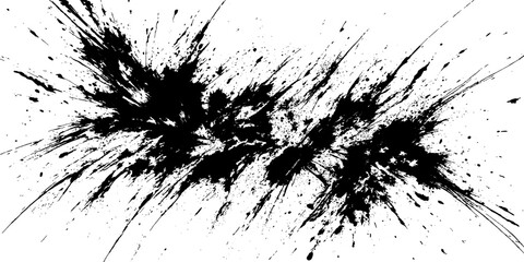 Explosion of black ink splatters in a dynamic, chaotic burst on a white background, creating a striking abstract art piece with energetic lines and a sense of raw power. © GREENPIXEL Art