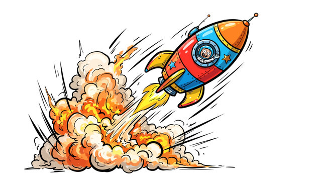 Colorful cartoon rocket ship blasting off.