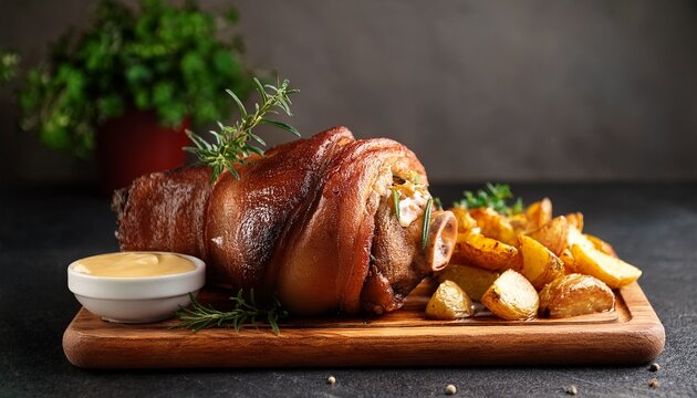 baked pork knuckle with potatoes and cheese sauce on the cutting board vertical photo