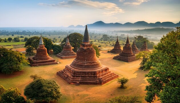 serene architecture of stupas abandoned site photography rural landscape aerial view cultural heritage