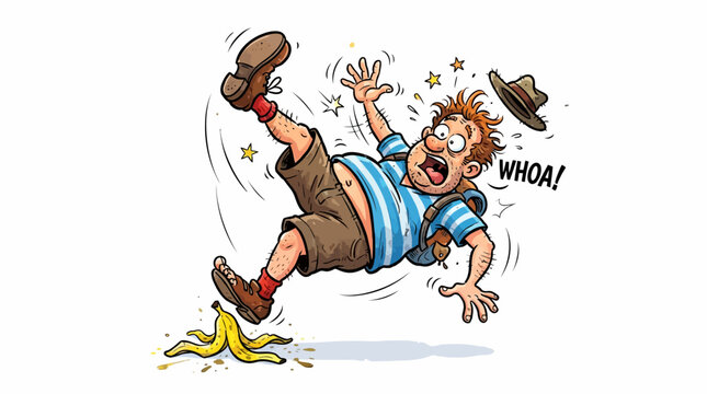 Man slipping on banana peel cartoon.