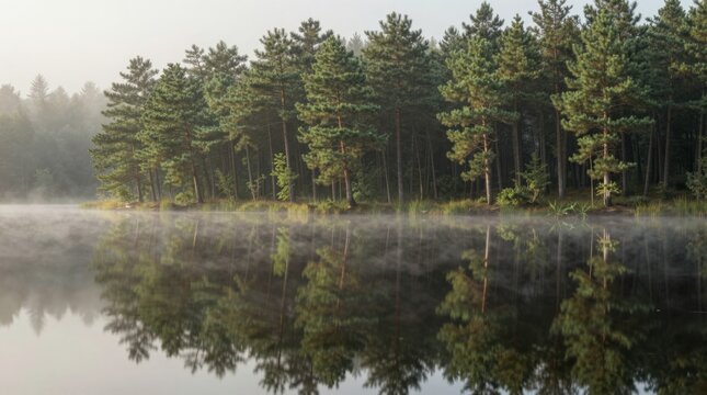 Pine forest reflected in calm lake with morning mist