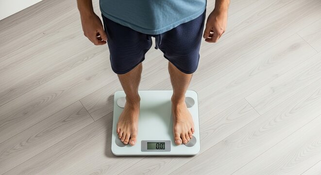 Weighing In: A person stands on a digital scale, looking down at their feet as they prepare to check their weight, symbolizing a journey towards health and fitness.