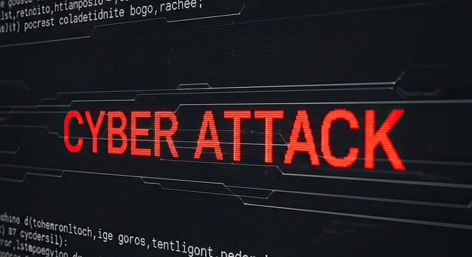 Cyber Attack Alert: A digital interface displays a stark CYBER ATTACK warning in bold red letters against a dark, glitchy background filled with lines of code.