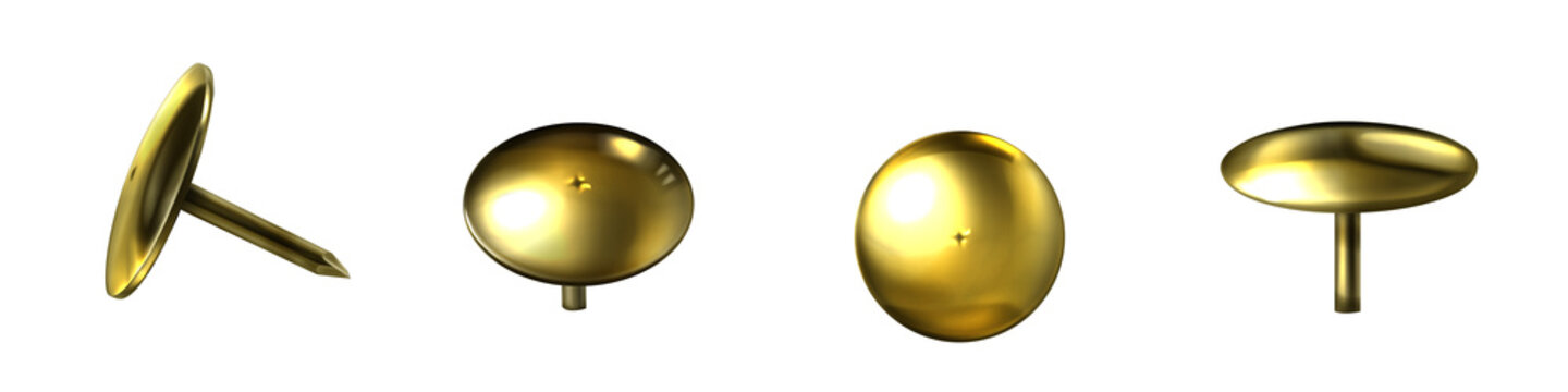 Four gold push pins with round heads in different orientations on white background for office supplies and stationery transparent background