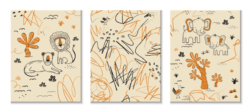 Safari Scribble Art Poster Vector Set