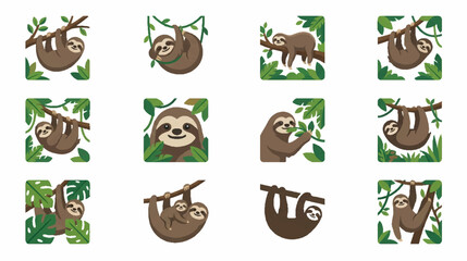 Obraz premium Lazy sloth hanging on a branch halftone illustration set